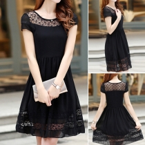 Fashion Lace Spliced Short Sleeve Round Neck Chiffon Dress