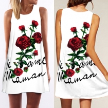 Fashion Sleeveless Round Neck Rose Printed Dress