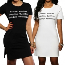 Fashion Short Sleeve Round Neck Slit Hem Letters Printed Dress