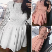 Sexy Backless Lace Spliced Long Sleeve Round Neck Dress