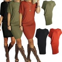 Fashion Solid Color Short Sleeve Round Neck Dress