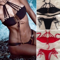 Sexy Solid Color Hollow Out Halter Bikini Set