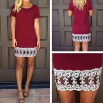 Fashion Short Sleeve Round Neck Lace Spliced Hem Dress