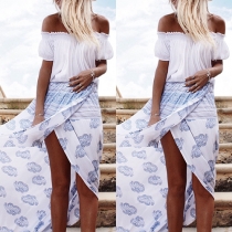 Bohemian Style High Waist Slit Hem Printed Maxi Skirt