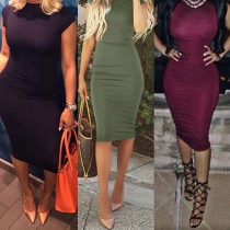 Fashion Solid Color Short Sleeve Turtleneck Sheath Dress