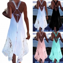 Sexy Backless Lace Spliced Irregular Hem Sling Beach Dress