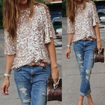 Fashion Half Sleeve Round Neck Sequin T-shirt