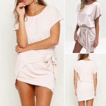 Fashion Solid Color Short Sleeve Round Neck Irregular Hem Dress