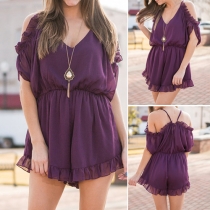 Sexy Off-shoulder Short Sleeve V-neck Flouncing Hem Chiffon Rompers