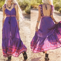 Sexy Backless V-neck Printed Sling Maxi Dress