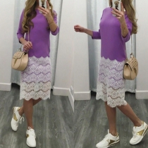 Fashion Lace Spliced Hem Long Sleeve Round Neck Dress
