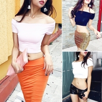 Sexy Slash Neck Short Sleeve Solid Color Crop Top