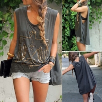 Fashion Beaded Sleeveless Round Neck High-low Hem T-shirt