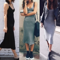 Fashion Solid Color V-neck Knit Sling Maxi Dress
