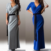Sexy Deep V-neck Half Sleeve Solid Color Maxi Dress
