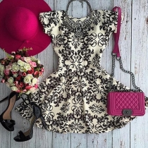 Fashion Short Sleeve Round Neck High Waist Slim Fit Printed Dress