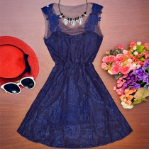 Sexy Gauze Spliced Sleeveless Round Neck Lace Evening Dress