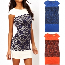 Fashion Lace Spliced Short Sleeve Round Neck Slim Fit Dress