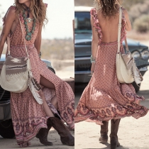 Sexy Flouncing Backless Slit Hem Printed Maxi Dress
