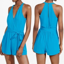 Sexy Off-shoulder Deep V-neck Solid Color Rompers