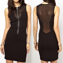 Sexy See-through Gauze Spliced Sleeveless Round Neck Slim Fit Dress