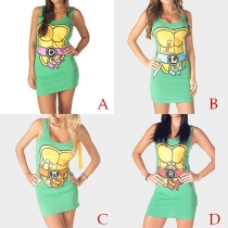Fashion Cartoon Printed Sleeveless Round Neck Tank Dress