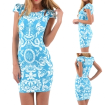 Fashion Short Sleeve Round Neck Slim Fit Printed Dress