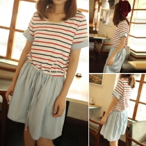 Fresh Style Short Sleeve Round Neck Striped Spliced Gathered Waist Dress