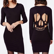 Sexy Backless Long Sleeve Round Neck Solid Color Sheath Dress
