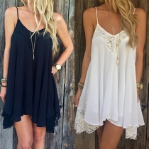 Sexy Backless Lace Spliced Irregular Hem Sling Dress