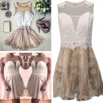 Sexy See-through Gauze Lace Spliced Sleeveless Dress