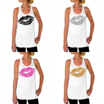 Fashion Lips Printed Round Neck Tank Tops