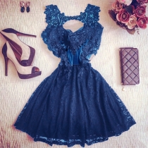 Sexy Lace Spliced Sleeveless Round Neck High Waist Party Dress