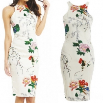 OL Style Sleeveless Round Neck Slim Fit Printed Dress