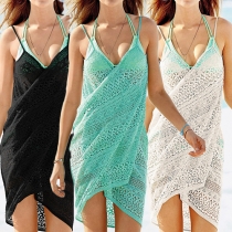 Sexy Backless V-neck Solid Color Hollow Out Sling Lace Smock