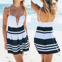 Sexy Backless Deep V-neck Striped Spliced Sling Dress