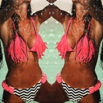 Sexy Striped Spliced Tassel Halter Bikini Set