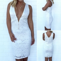 Sexy Deep V-neck Sleeveless Slim Fit Lace Dress