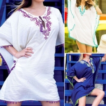 Bohemian Style V-neck Printed Loose Beach Dress