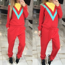Fashion Contrast Color Long Sleeve Round Neck Sports Suit