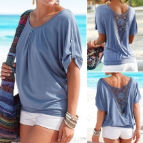 Sexy Backless Hollow Out Lace Spliced Short Sleeve T-shirt