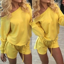 Fashion Solid Color Long Sleeve Gathered Waist Rompers