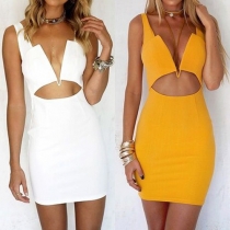 Sexy Deep V-neck Hollow Out Slim Fit Solid Color Dress