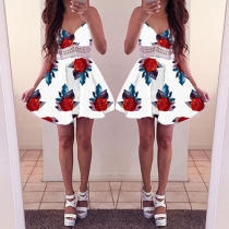 Sexy Backless V-neck Hollow Lace Spliced Printed Sling Dress