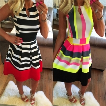 Fashion Sleeveless Round Neck Colorful Striped Dress