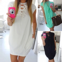 Fashion Solid Color Short Sleeve Lace-up V-neck Dress