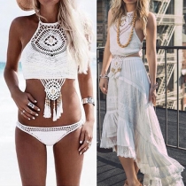 Sexy Solid Color Tassel Knit Bikini Set