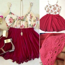 Fashion Lace Spliced Hem Printed High Waist Sling Dress