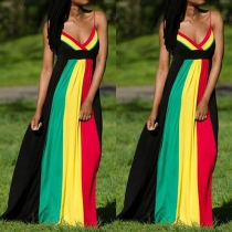 Sexy Backless V-neck High Waist Contrast Color Sling Maxi Dress