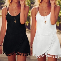 Fashion Solid Color Irregular Tassel Hem Sling Dress